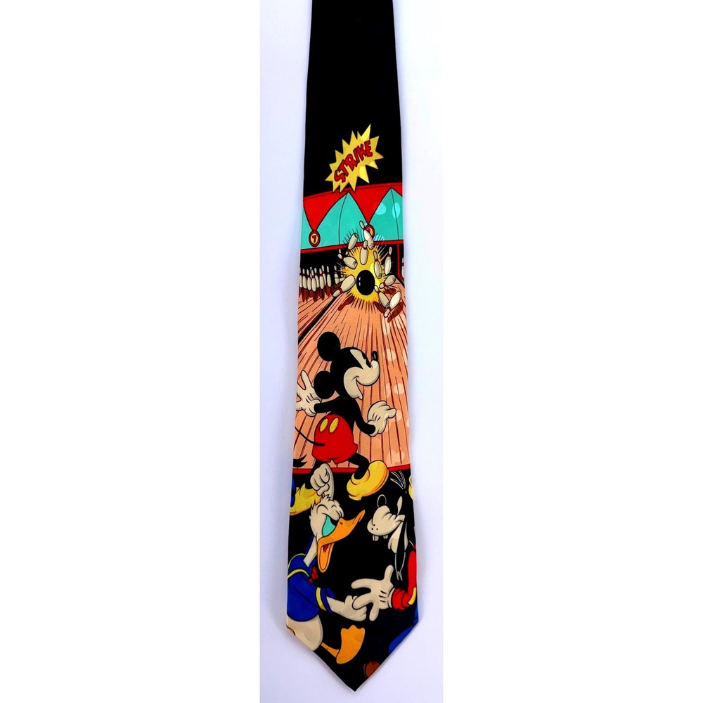 Mickey Mouse Donald‎ Duck Disney Store Bowling Novelty 100% Silk Necktie Cartoon